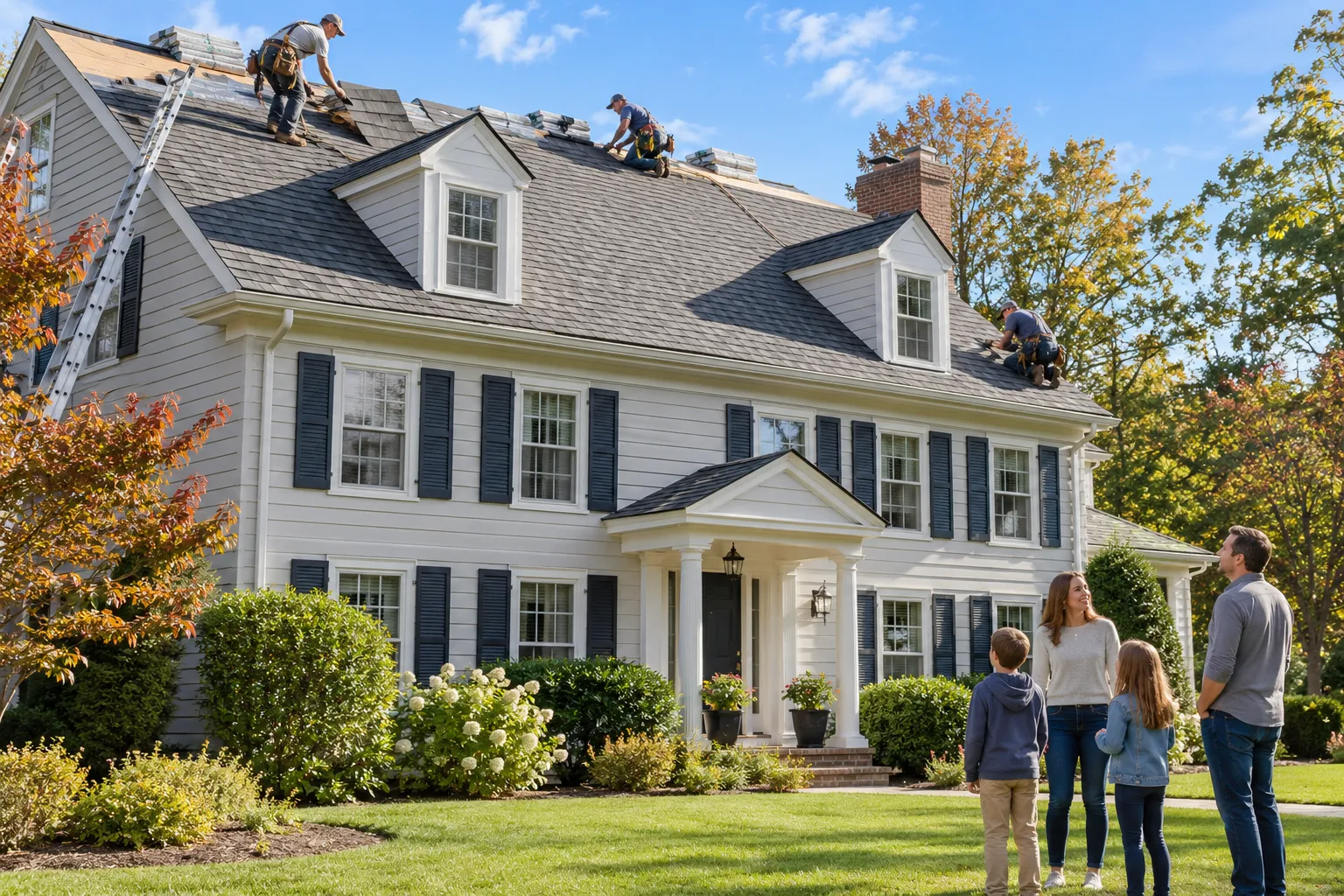 Provider crew installing new asphalt shingles on a colonial home in Hamilton