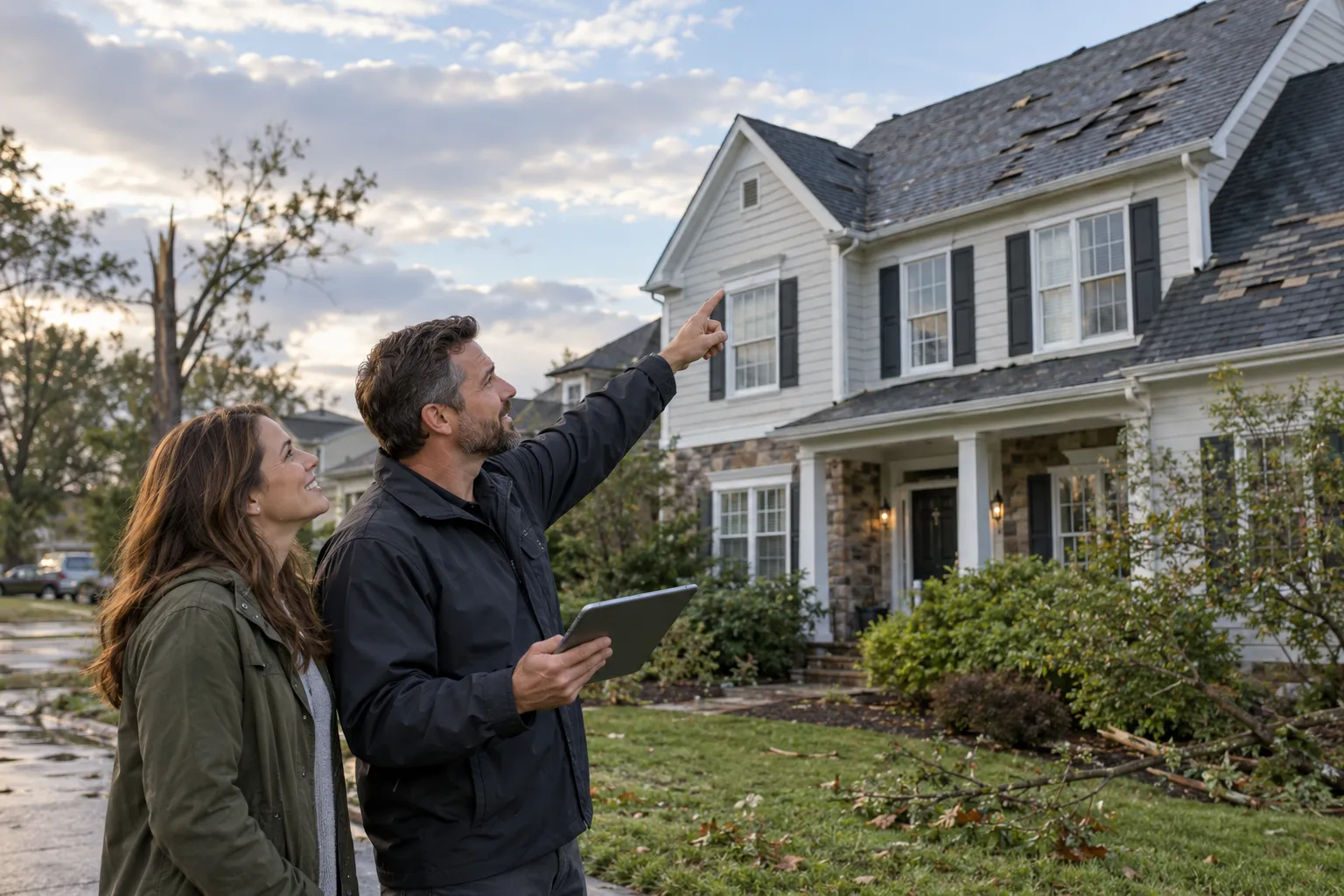 Homeowner and roofing provider looking at hail-dented shingles on a house in the Hamilton area